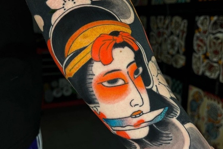 namakubi traditional japanese tattoo half sleeve design vibrant colors high contrast