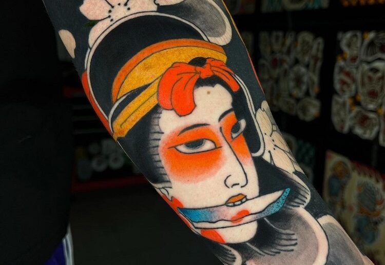 namakubi traditional japanese tattoo half sleeve design vibrant colors high contrast