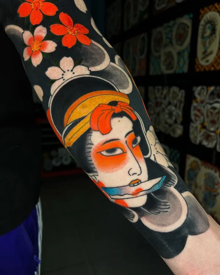 namakubi traditional japanese tattoo half sleeve design vibrant colors high contrast