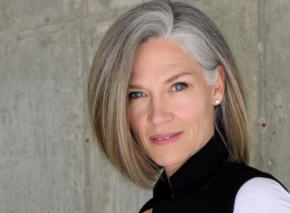 natural graying hair side swept bob shoulder length