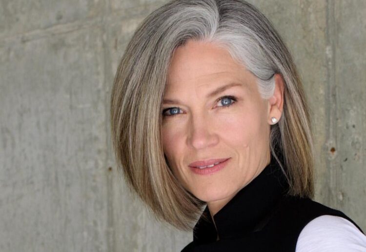 natural graying hair side swept bob shoulder length