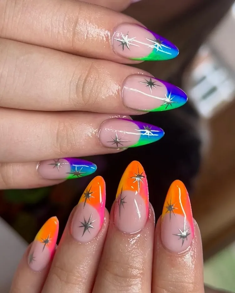 neon ombre french tips silver sparkles almond shape nails
