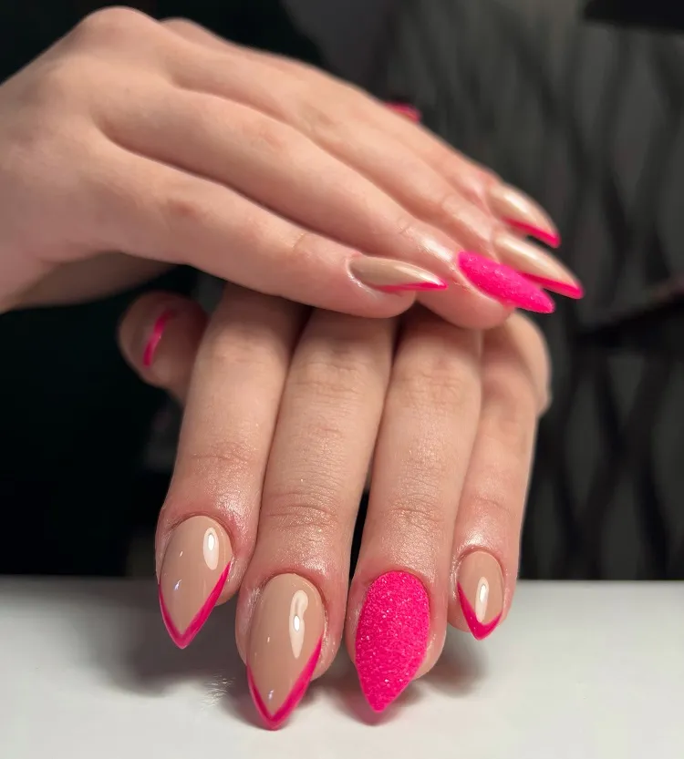 neon pink sugar nails french tips nude base short stiletto nails