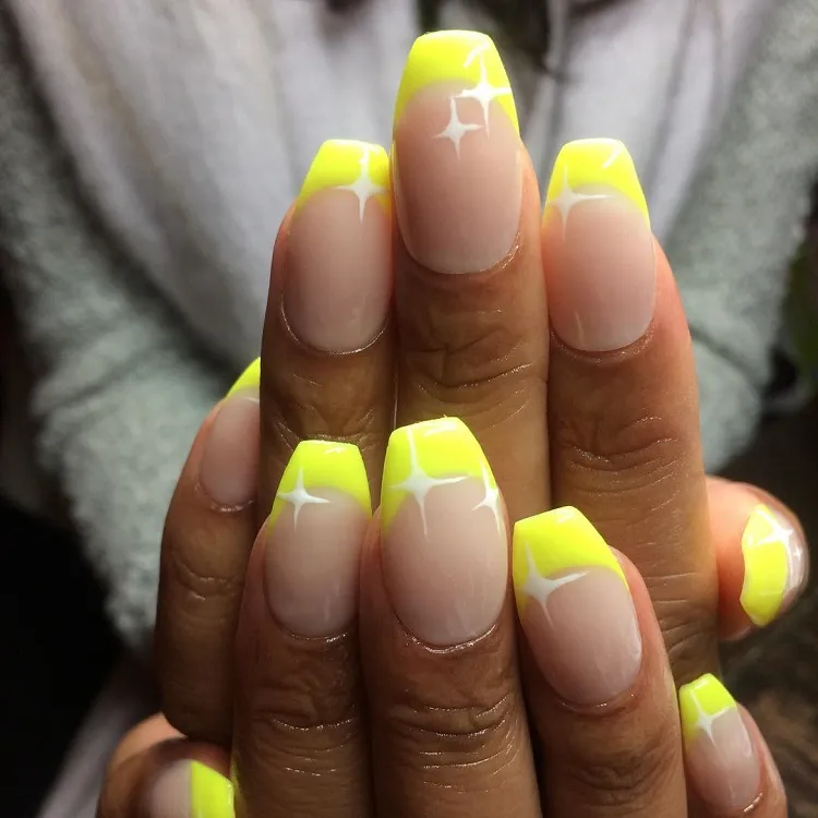 neon yellow french tips short ballerina nail shape white sparkles