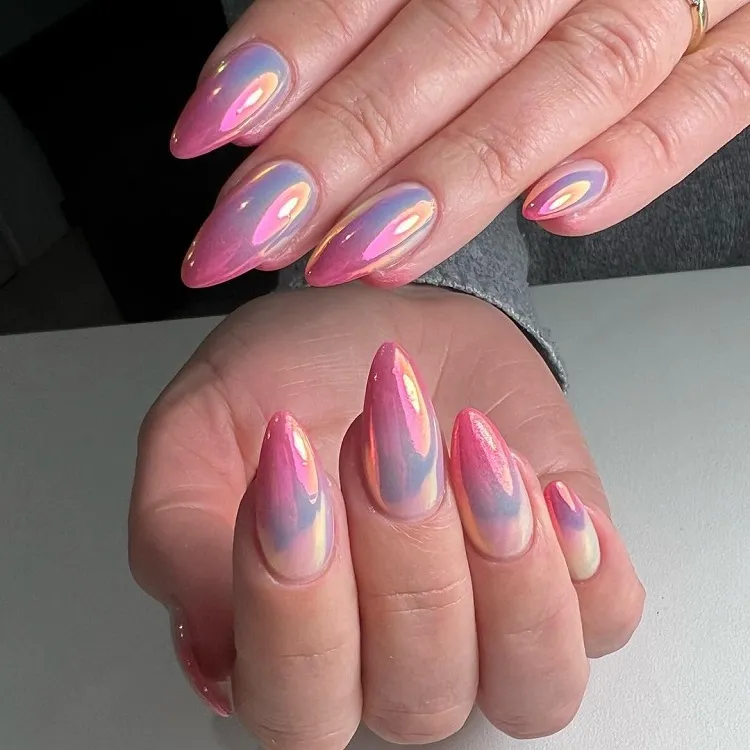 ombre pink silver chrome unicorn nails long almond shape manicure