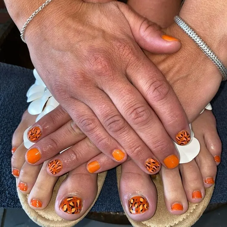 orange animal print panther matching manicure pedicure design ideas mature women