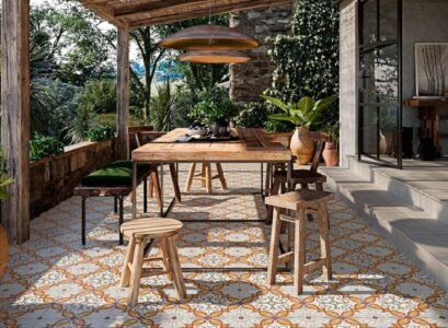 orange azulejos tiles patio paving bamboo pergola wooden furniture al fresco table copy