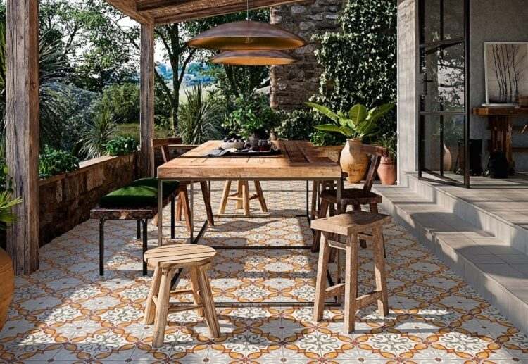 orange azulejos tiles patio paving bamboo pergola wooden furniture al fresco table copy