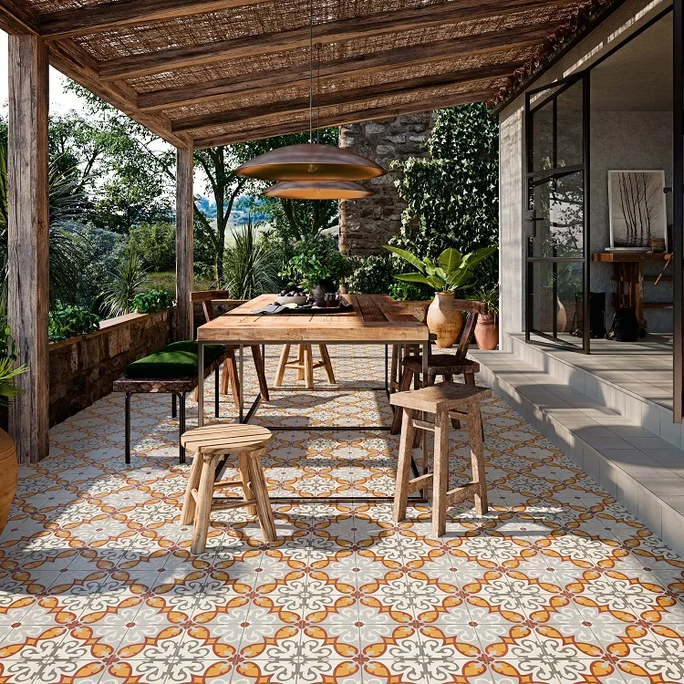 orange azulejos tiles patio paving bamboo pergola wooden furniture al fresco table
