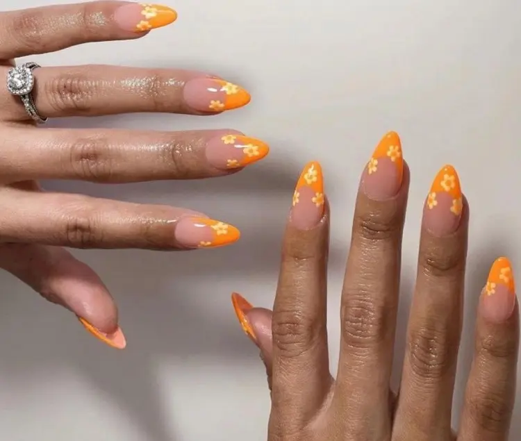 orange nails with flowers french manicure 2023