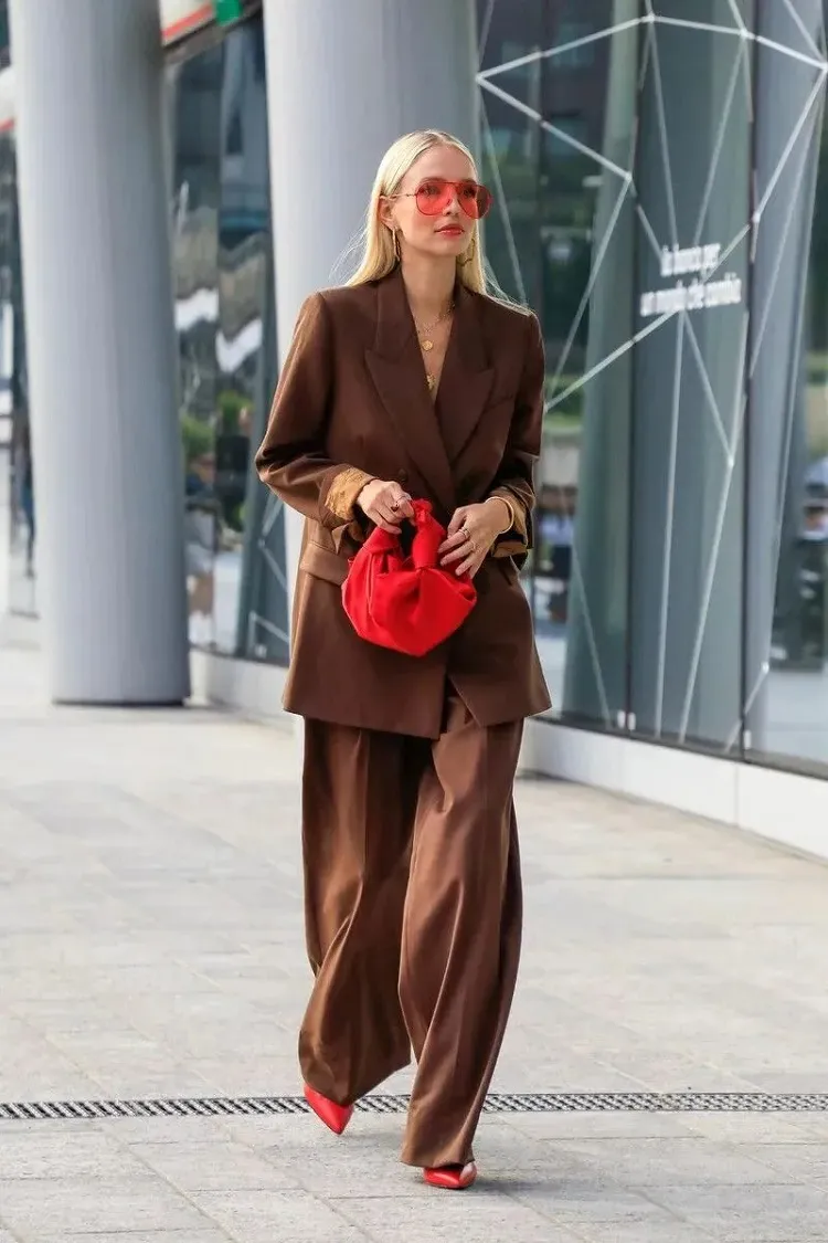 oversized two piece baggy brown trouser suit for women red accessories street style