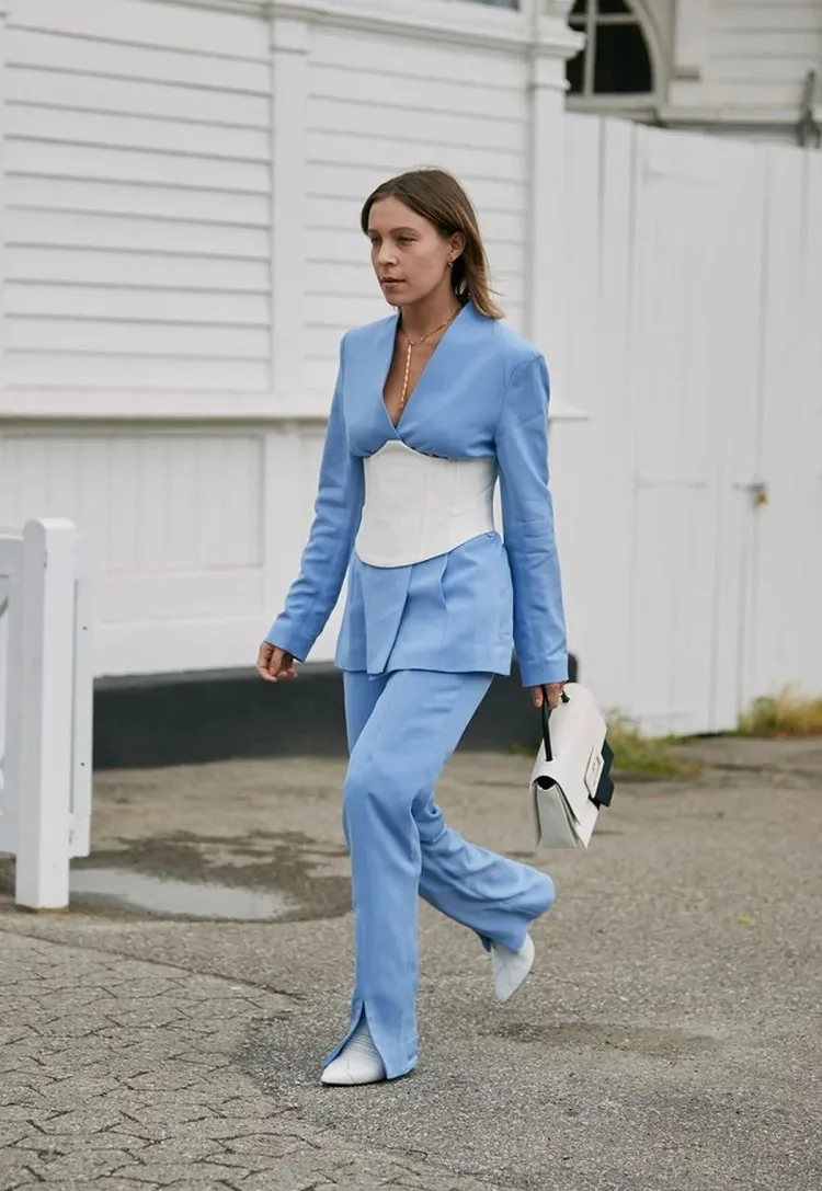 pastel blue two piece suit white underbust corset casual look street style