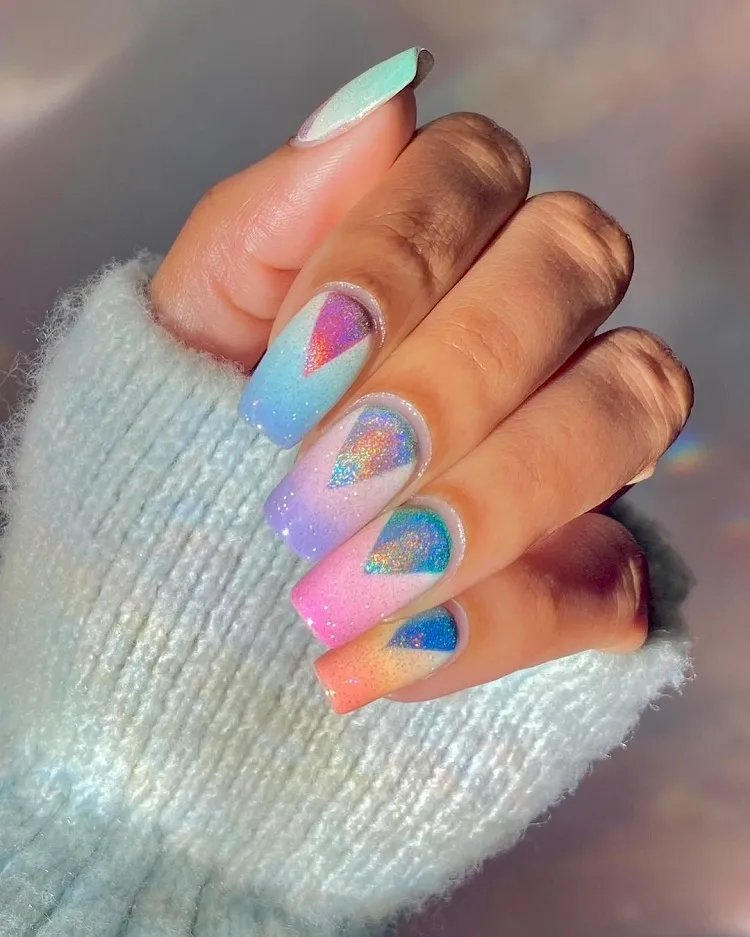 pastel rainbow gradient holographic triangular details unicorn nails