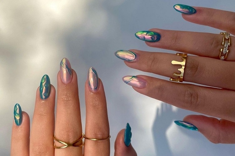 pink blue ombre chrome unicorn nails raindrops 3d gel nail art