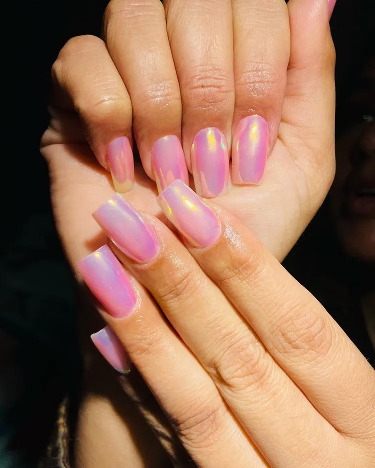 pink chrome powder acrylic unicorn nails long square shape