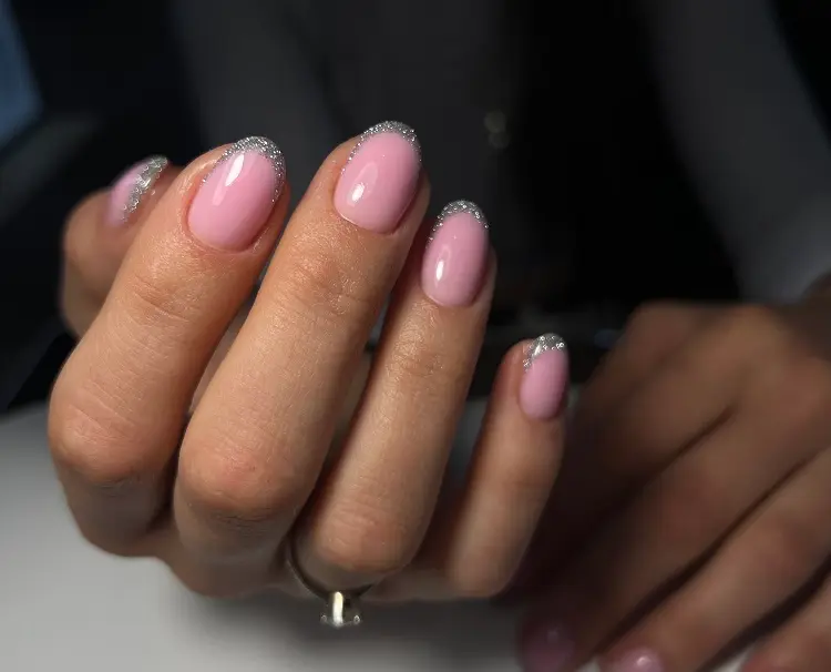 pink french manicure with silver glitter tips