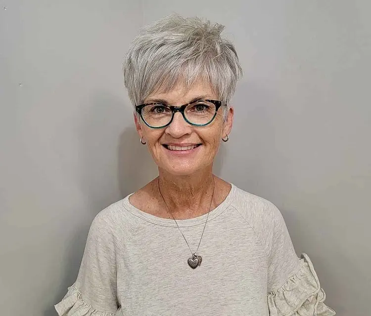 pixie wash and wear haircut for women over 60 with glasses