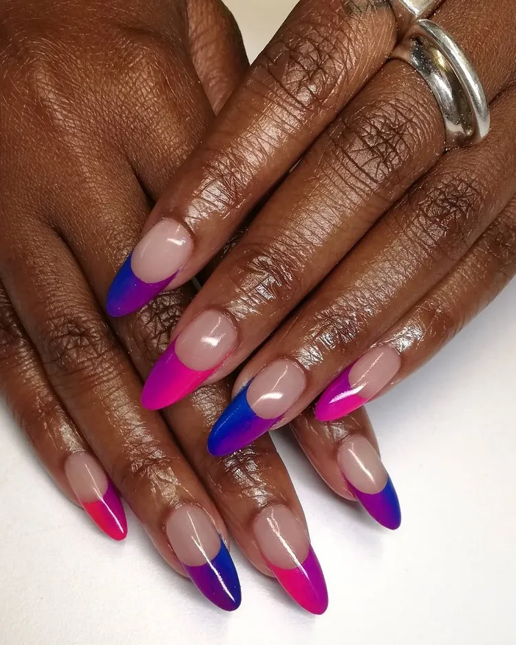 purple blue pink neon ombre french tips long oval nails