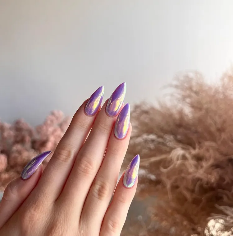 purple chrome powder unicorn nails long stiletto shape manicure