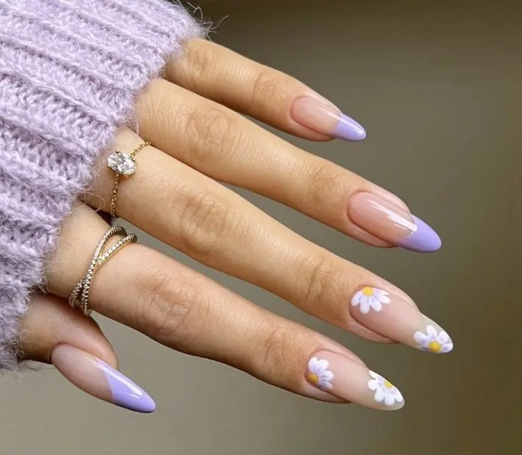 purple nails with flowers french tips