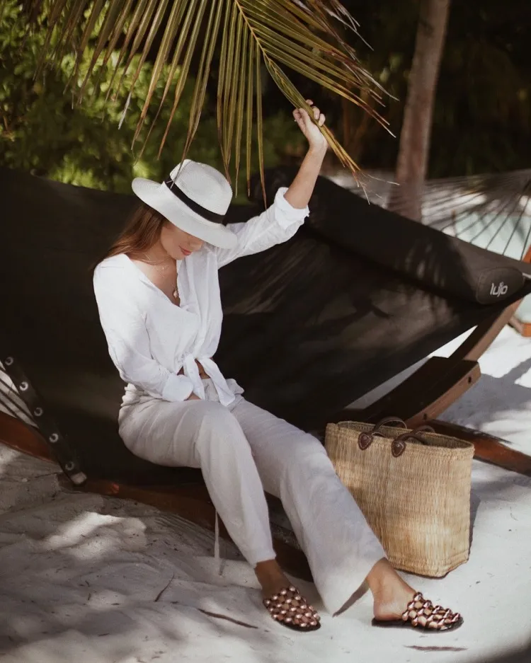 rattan hat linen clothes old money beach outfit summer aesthetic