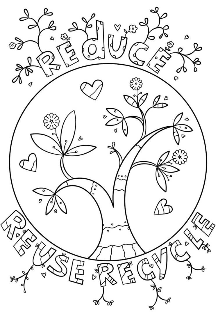 reduce reuse recycle earth day coloring page tree plants greenery