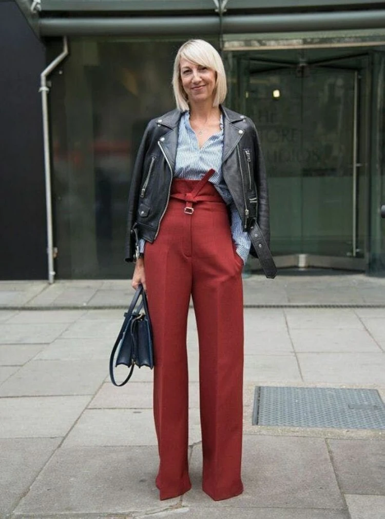 regular fit high waisted burgundy trousers striped shirt black leather jacket