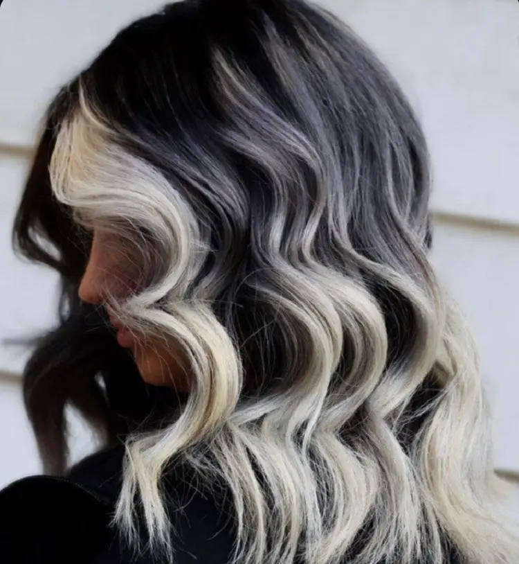 scandi waves black hair with white highlights