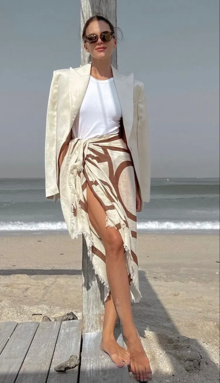 scarf skirt white top beige linen blazer sunglasses summer trends old money beach outfit