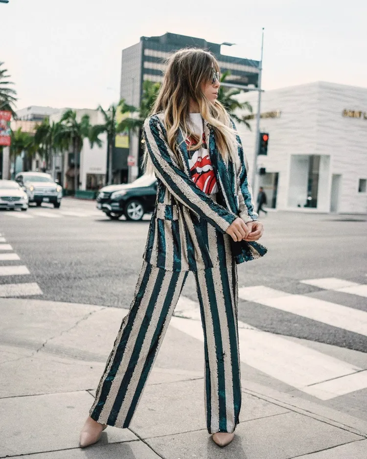 sequin striped two piece tailored suit for women street style band tee pointed leather boots