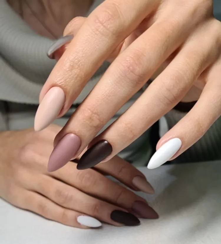 shades of brown beige white dusty rose matte stiletto nails design