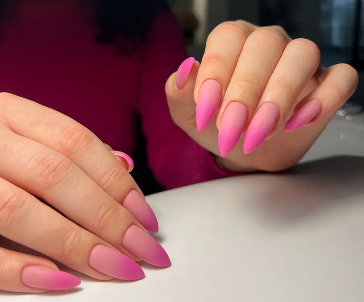 shades of pink ombre matte long stiletto nails design