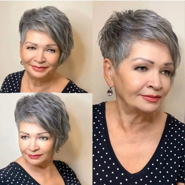 short asymmetric haircut women over 70 gray hair