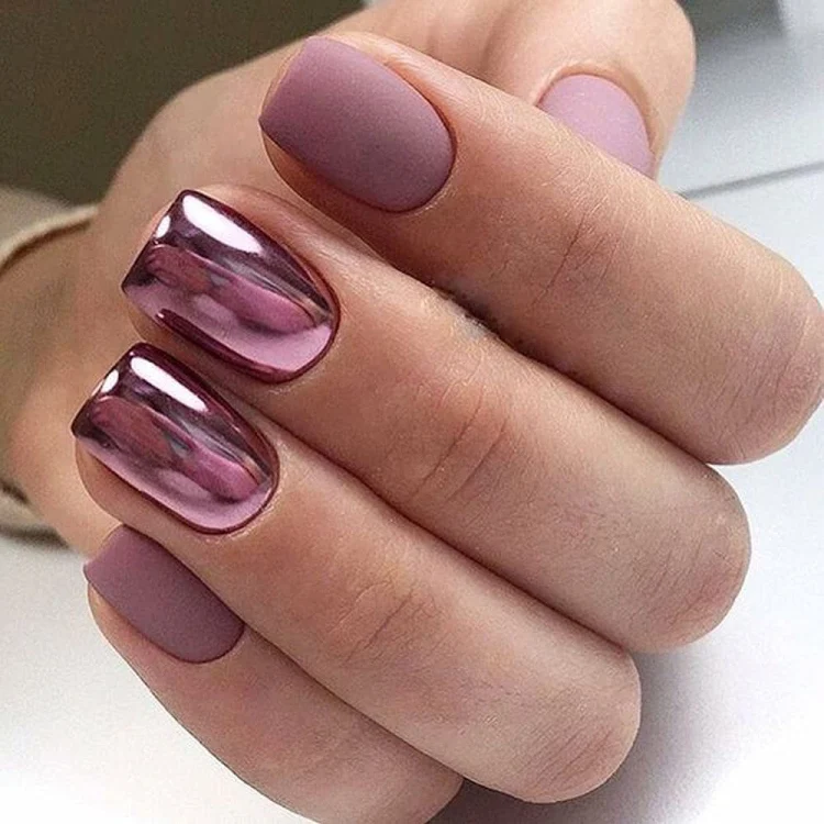 short square purple nails matte and chrome finish