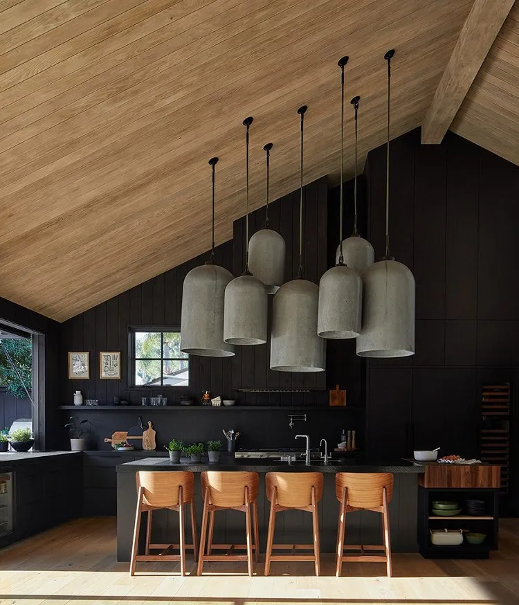 sloped wooden ceiling contemporary pendant black california cool kitchen modern design natural light