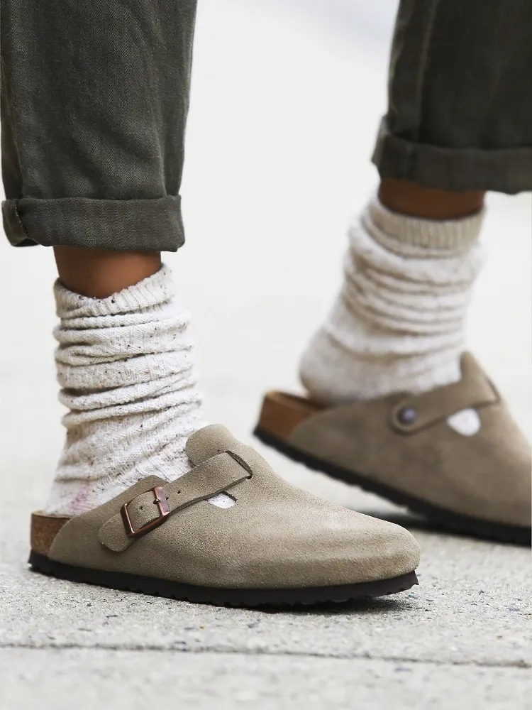 style birkenstock clogs scrunched wool socks rolled up straight jeans