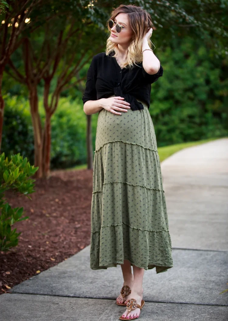 stylish and comfy maternity outfit ideas maxi skirt and tied blouse