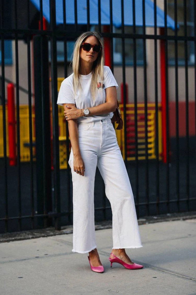 summer outfit in white wide leg jeans and t shirt