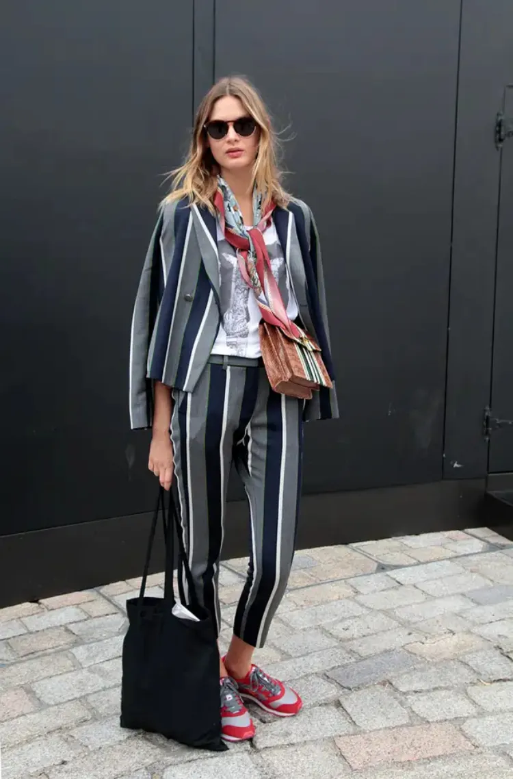 thick stripes two piece trouser suit for women street style casual look cross body bag colorful scarf sneakers tote bag
