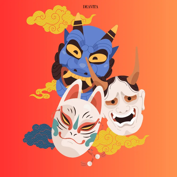 traditional japanese faces masks demons tattoo illustration collage