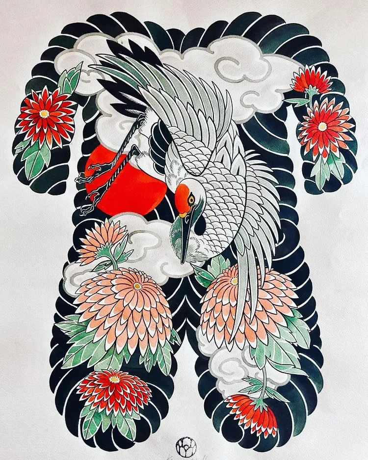 traditional japanese tattoo bodysuit crane bird chrysanthemum print