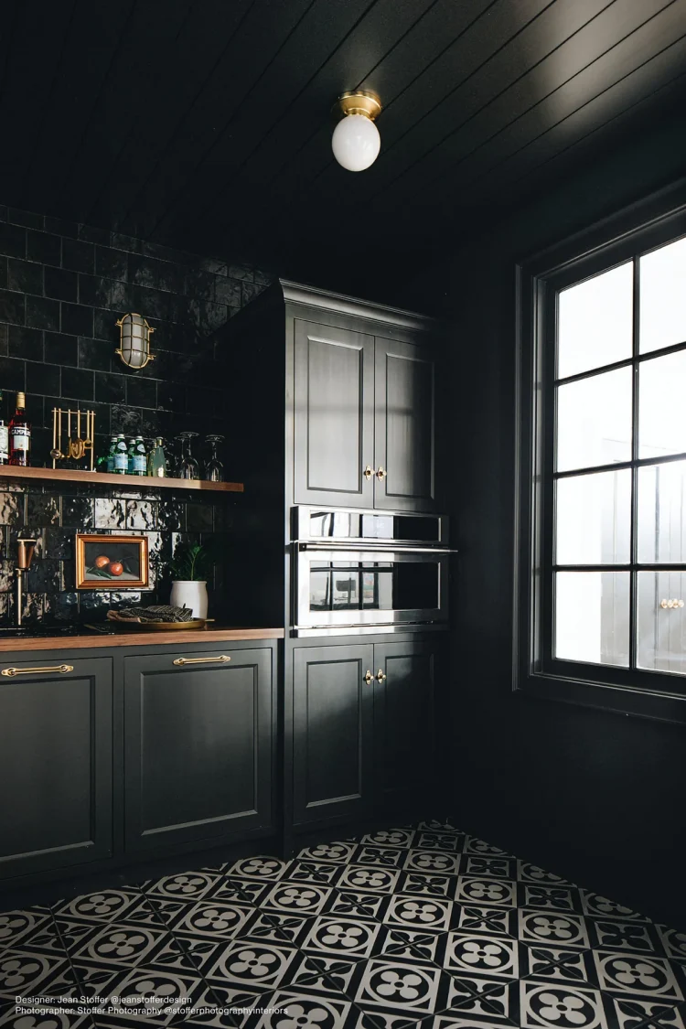 traditional style kitchen cabinets in black as well as floor walls and ceiling