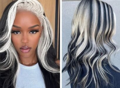 trendy white highlights for dark hair 2023