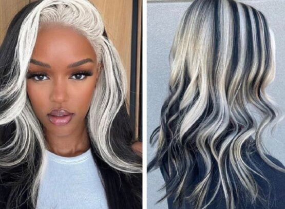 trendy white highlights for dark hair 2023