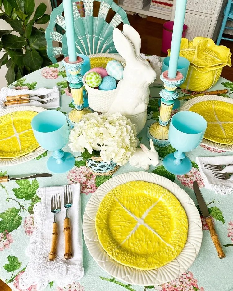 vibrant spring colors blue yellow floral easter table setting 2023
