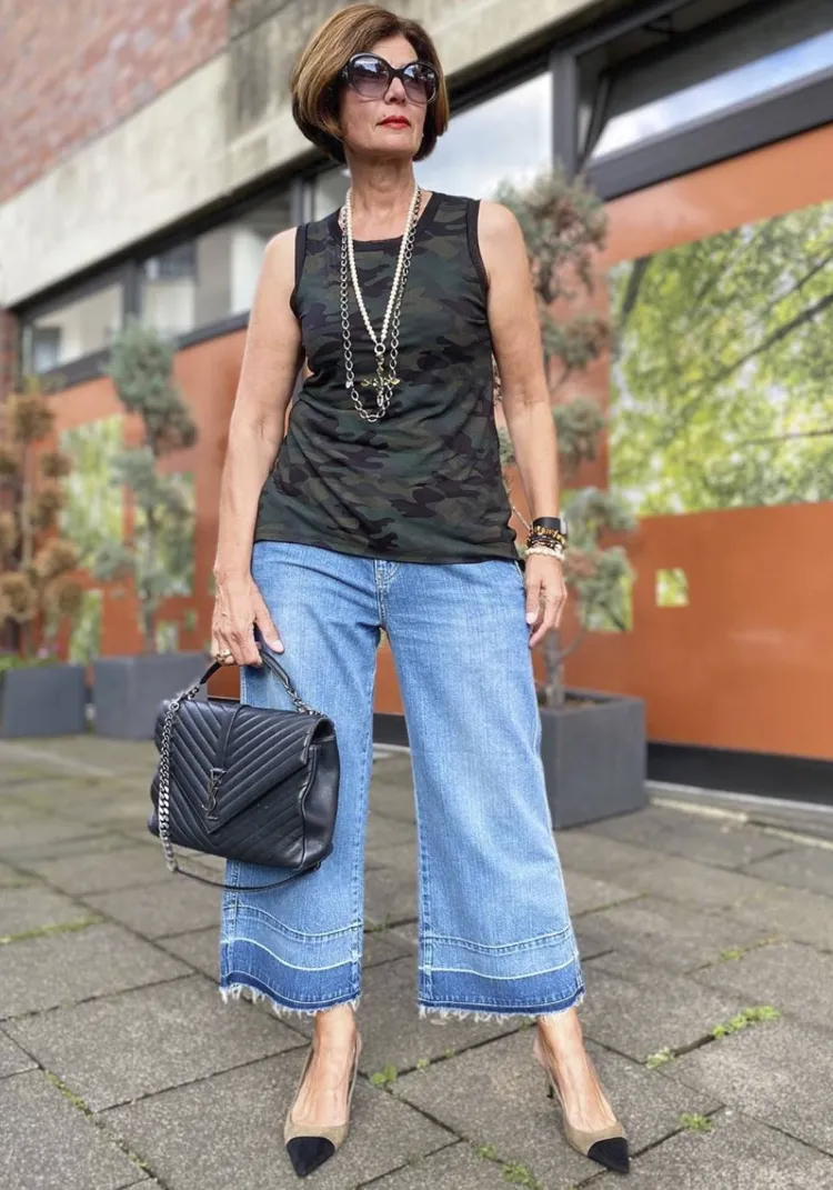wide leg denim ideas for mature older women best jeans for old ladies woman what to wear with how to choose matching clothes for jeans casual colors basic and traditional ideas what suits wide leg jeans