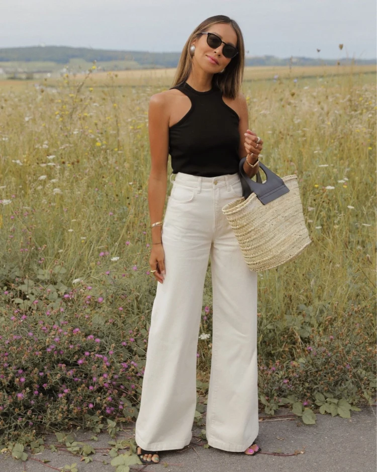 wide leg white jeans black crop top summer outfit idea
