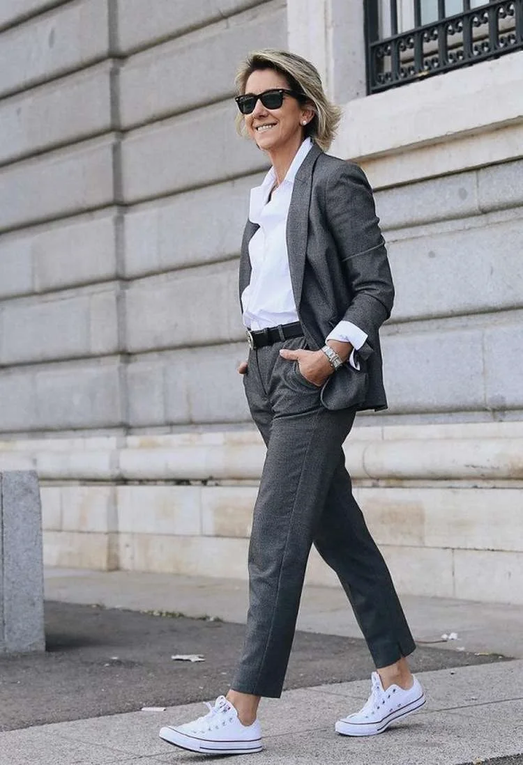women's trouser suit with white sneakers and shirt everyday outfit