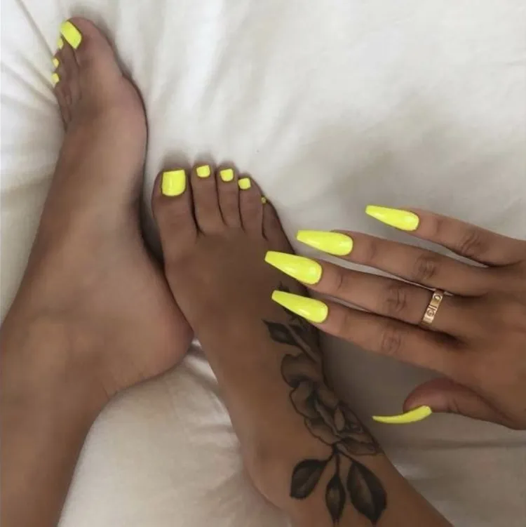 yellow neon matching manicure pedicure long ballerina nails