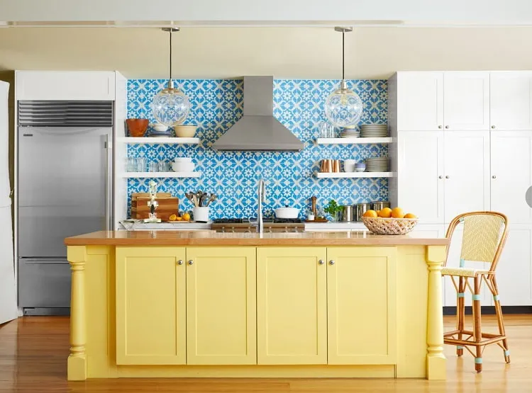 yellow white and blue retro kitchen
